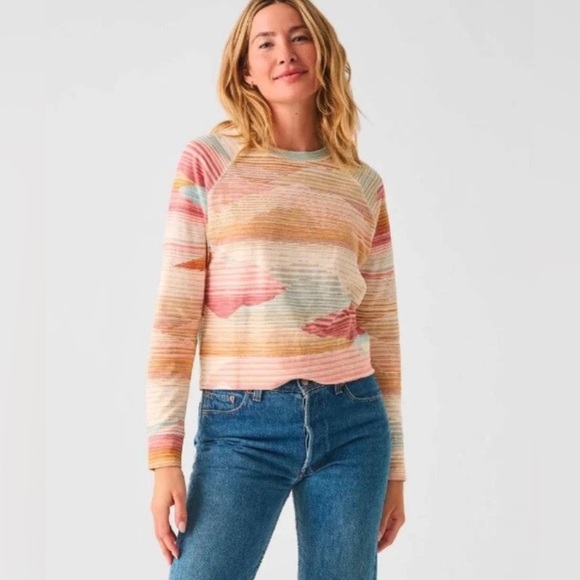 Faherty Sweaters - Faherty Sunwashed Slub Crewneck Sweater L Multi Stripe Landscape Raglan Sleeve